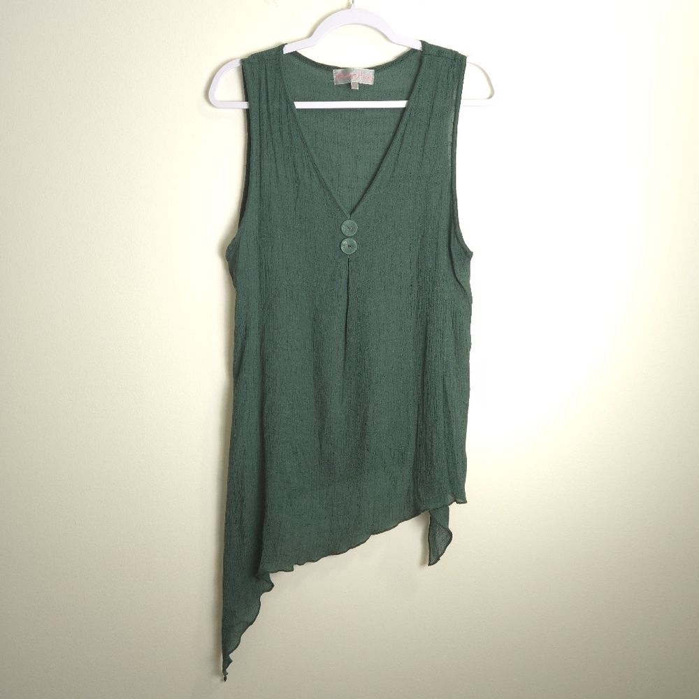 Pretty Angel Linen Blend V neck Ashmetrical Hem Lagenlook Artsy Sleveless Top L‎